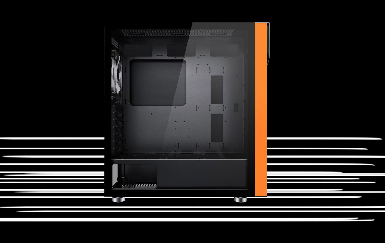 A DIYPC IDX2-O-ARGB ATX Mid Tower Computer Case has its transparent side panel facing front.